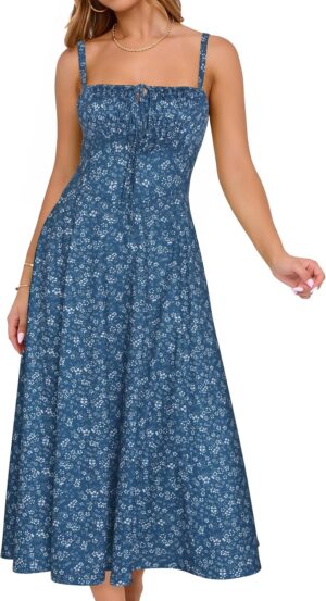 YATHON Women's Summer Midi Corset Boho Dresses Casual Floral Spaghetti Straps Lace Up Dress Flowy Aline Beach Sundress