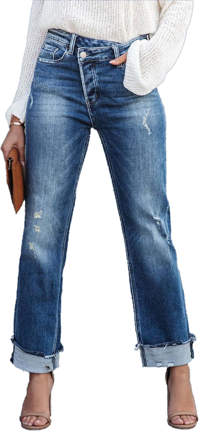 Womens Denim Cargo Pants Flap Pocket High Waisted Stretchy Straight Wide Leg Jeans
