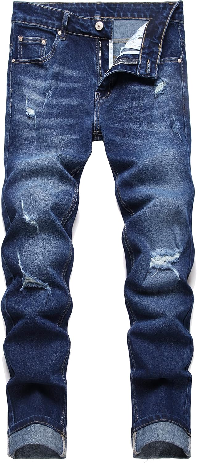 LZLER Mens Ripped Jeans,Distressed Destroyed Slim Fit Straight Leg Denim Pant with Holes