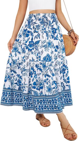 YHYJMY Women's Boho Skirt Elastic High Waist Pleated A-Line Flared Maxi Skirts Womens Flowy Long Skirts