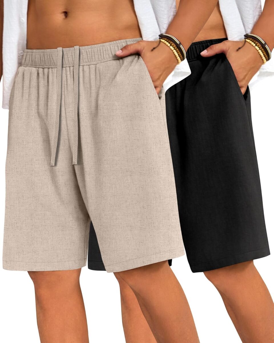 2 Pack Men's Big and Tall Linen Shorts Drawstring Summer Casual Loose Fit Plus Size Bermuda Shorts with Pocket