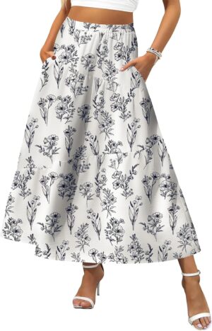 Zeagoo Women's Midi Summer 2025 Boho Elastic High Waist A-Line Flowy Swing Asymmetric Tiered Skirt Dress with Pockets