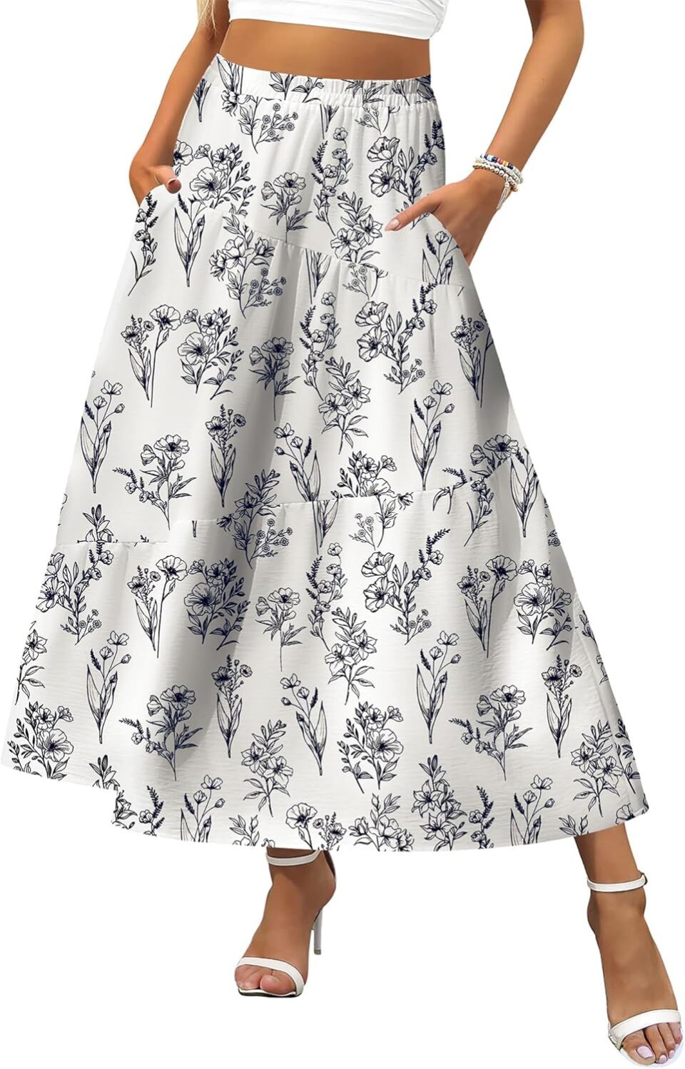 Zeagoo Women's Midi Summer 2025 Boho Elastic High Waist A-Line Flowy Swing Asymmetric Tiered Skirt Dress with Pockets