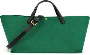 Women’s Green Canvas Tote Bag – Chic Handbag with Leather Strap | Trapezoid Boat Shape | Versatile Shoulder, Crossbody, or Hand-Carried Purse