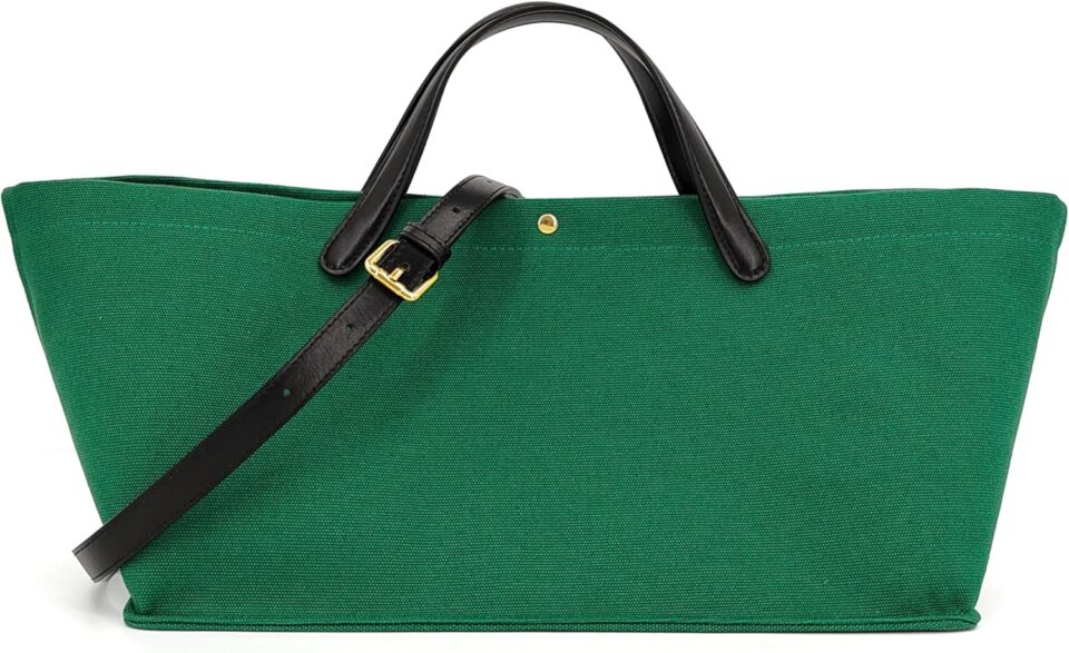 Women’s Green Canvas Tote Bag – Chic Handbag with Leather Strap | Trapezoid Boat Shape | Versatile Shoulder, Crossbody, or Hand-Carried Purse