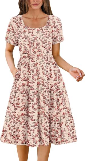 Zeagoo Women's Summer Dress Casual Puff Sleeve Square Neck Midi Dresses Tiered Beach Vacation A-Line Sundress with Pockets