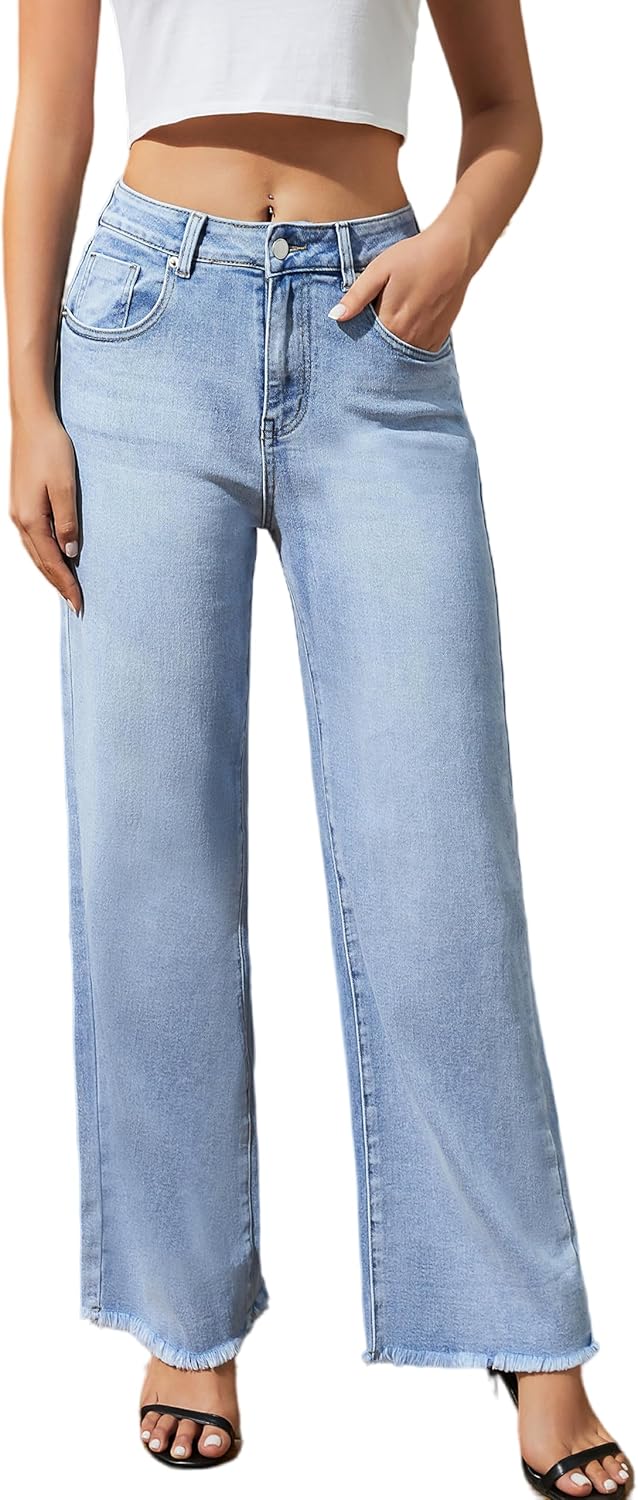 Women's Wide Leg Jeans High Waisted Strechy Jeans for Women Straight Raw Hem Loose Casual Denim