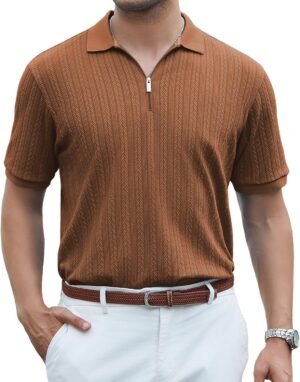 SAMERM Mens Zipper Polo Shirts Short Sleeve Casual Fashion Stylish Knit Polo T Shirt for Men
