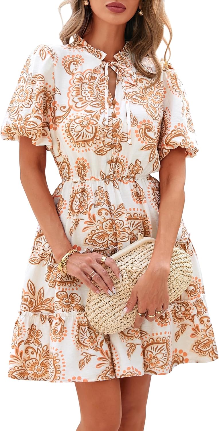 BTFBM Women Summer Floral Short Dresses V Neck Short Sleeve Tiered Ruffle Boho Swing Dress A-Line Mini Dresses