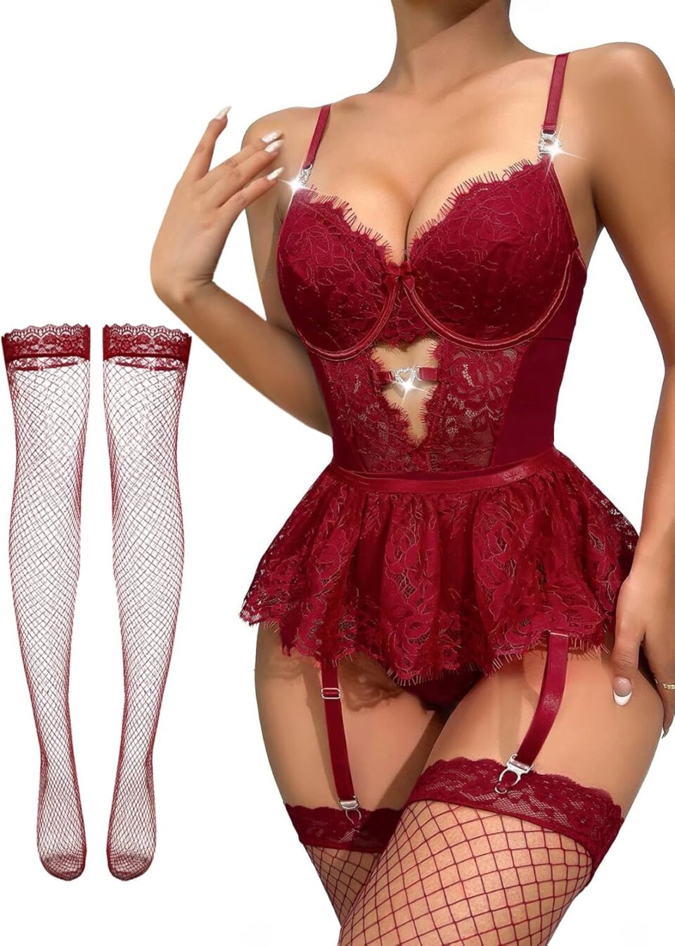 Lilosy Sexy Stocking Heart Rhinestones Underwire Babydoll Lace Mesh Garter