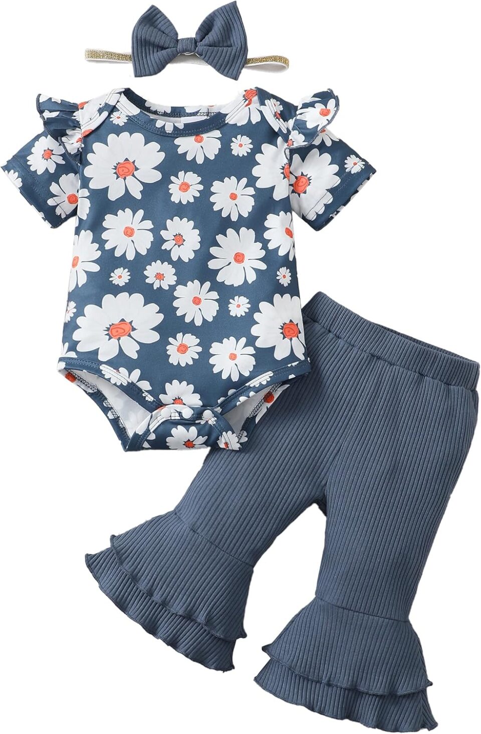 SUNNY PIGGY Baby Girl Clothes Ruffle Short Sleeve Romper Long Pants Set with Headband Newborn Infant Outfits