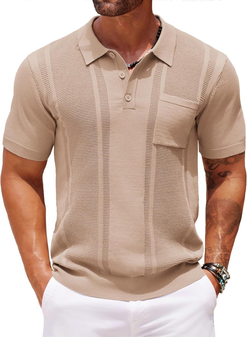 COOFANDY Knit Polo Shirts for Men Short Sleeve Textured Polo Shirt Slim Fit Summer Collared T Shirt with Pocket