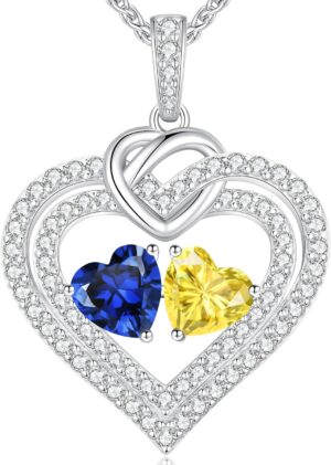 LOUISA SECRET Sparkling Double Heart Birthstone Necklaces for Women, 925 Sterling Silver Fine Jewelry, Pendant Heart Necklaces Birthday Anniversary Christmas Gift for Women Wife Mom Girlfriend Lady