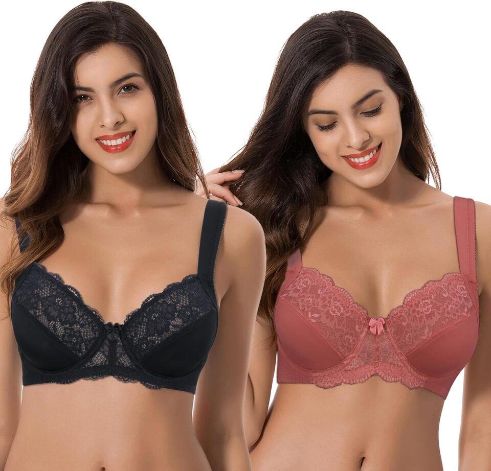 Curve Muse Women's Plus Size Unlined Underwire Lace Bra with Cushion Straps-2PK