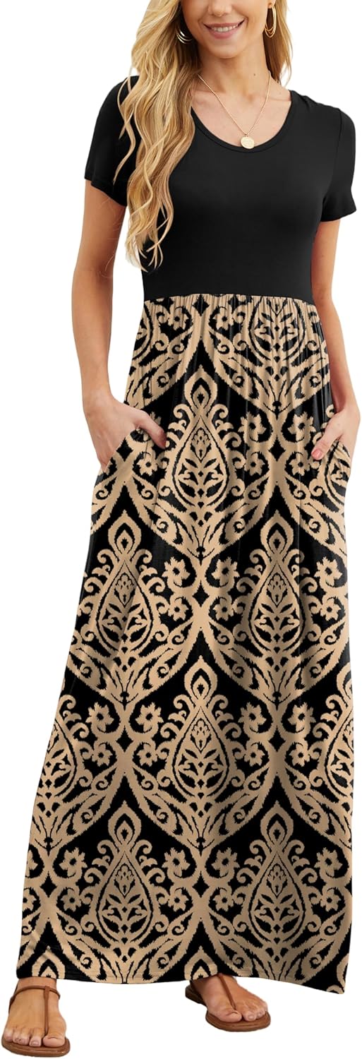 GRECERELLE Women's Short Sleeve Maxi Dresses Casual Long Dresses with Pockets