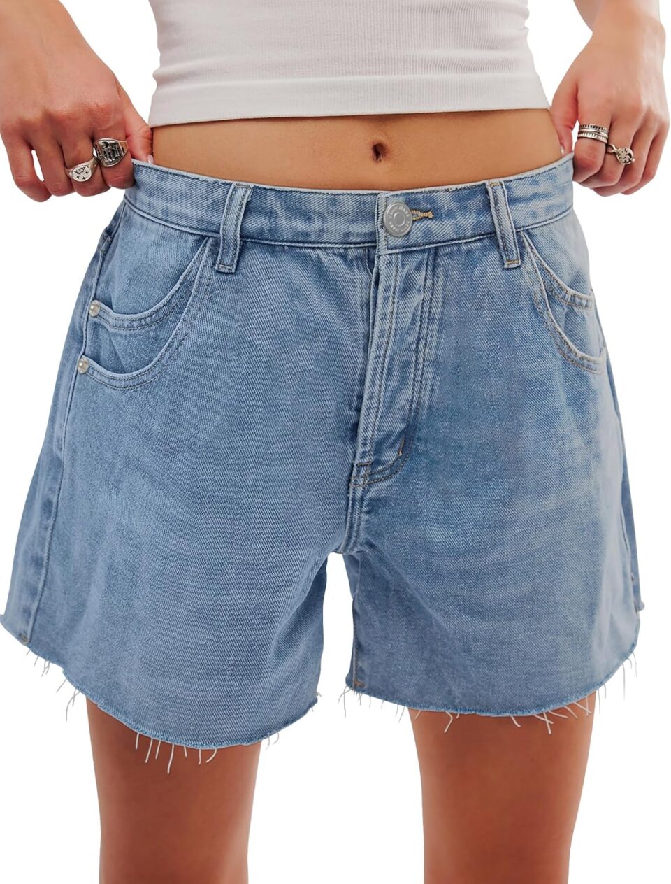 Womens Jean Shorts Mid Waist Stretchy Denim Shorts Women Raw Hem with 6 Pockets