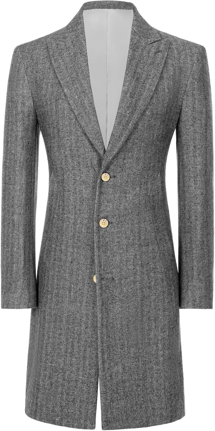 Retro Herringbone Mens Long Trench Coat Jackets Tweed Slim Fit Prom Peacoat Wool Blend Blazer Casual Men Winter Jacket