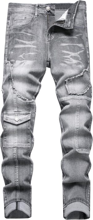 XIMXIMMTIAN Men's Biker Moto Washed Distressed Slim Fit Straight Jeans Denim…