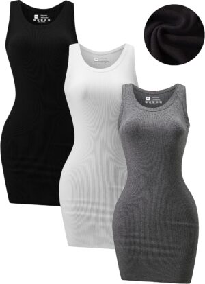 3 Piece Womens Summer Ribbed Tank Dress Scoop Neck Sleeveless Tank Top Dresses Basic Bodycon Mini Dress