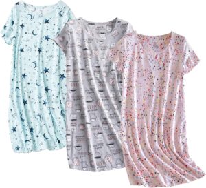 PNAEONG 3 Pack Women's Cotton Nightgown Sleepwear Short Sleeves Shirt Casual Print Sleepdress