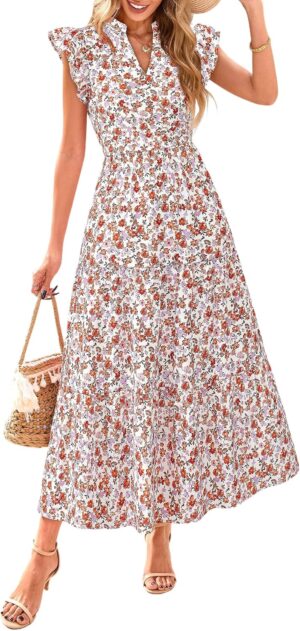 PRETTYGARDEN Women's 2025 Summer Floral Midi Dress Cap Sleeve V Neck Ruffle Long Flowy Boho Casual Beach Vacation Dresses