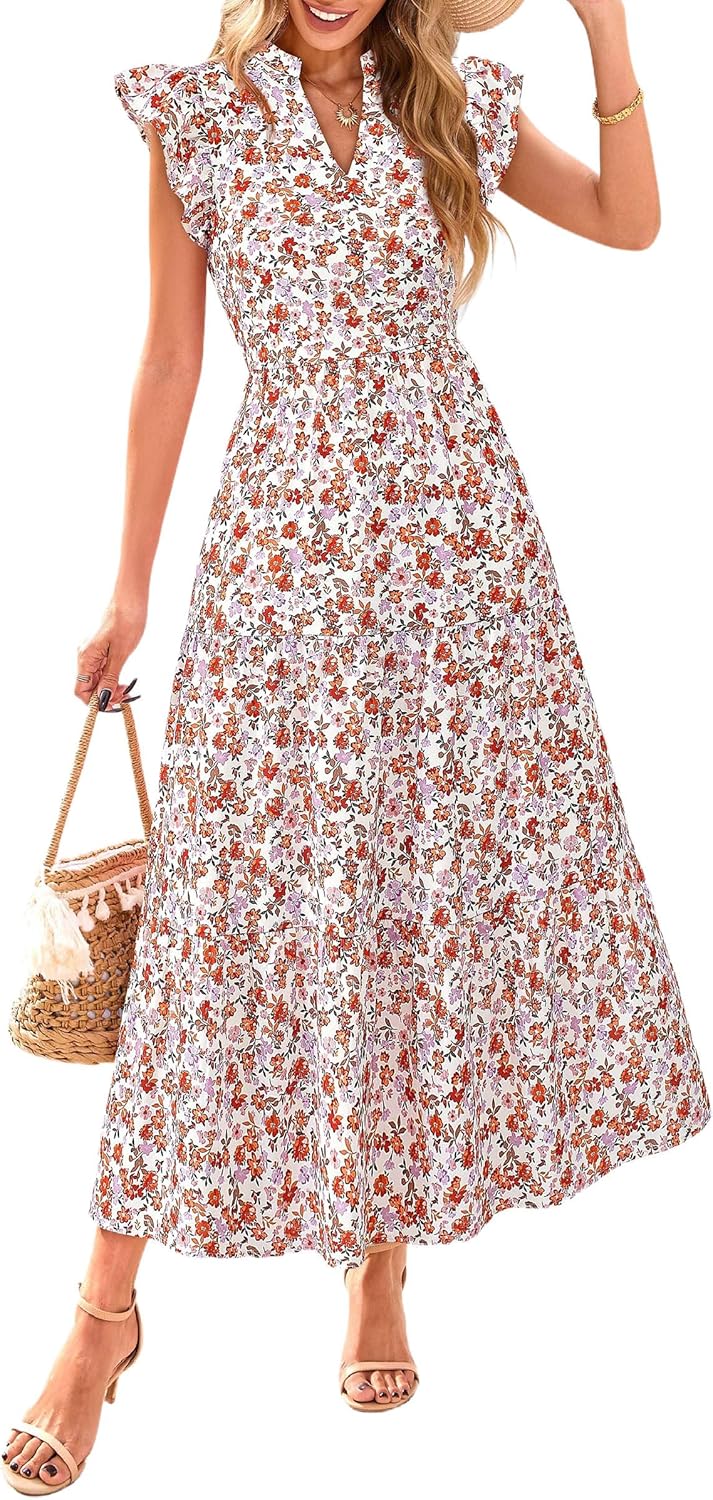 PRETTYGARDEN Women's 2025 Summer Floral Midi Dress Cap Sleeve V Neck Ruffle Long Flowy Boho Casual Beach Vacation Dresses