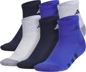adidas Unisex Socks for Kids, 6-Pack Cushioned Quarter Athletic Fit Above Ankle, Durable Fabric