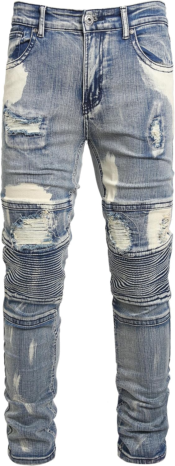 Men Ripped Jeans Fashion Slim Fit Traight Distressed Design Skinny Stretch Comfort Flex Waist Denim Pants
