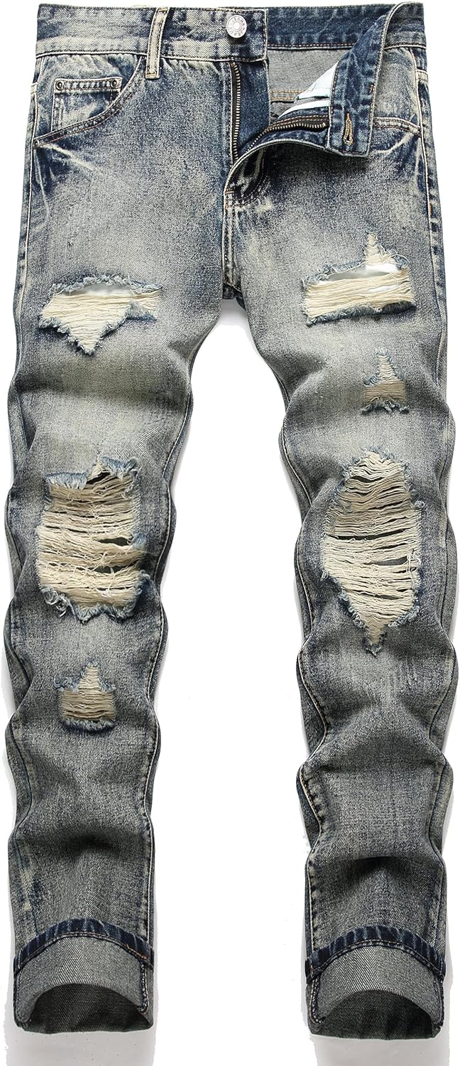 OIIIO Men's Ripped Slim Fit Straight Leg Jean Denim Pant