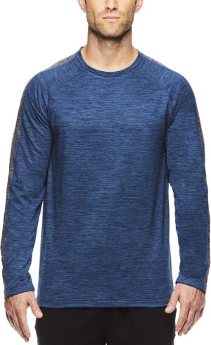 Gaiam Men's Long Sleeve Crew Neck T-Shirt - Yoga & Workout Activewear Top - Power Blue Wing Teal Heather