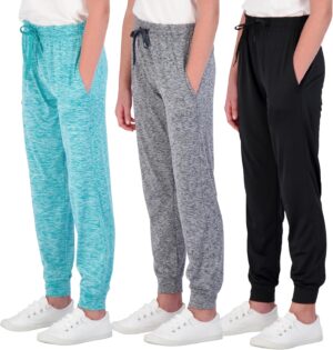 Real Essentials 3 Pack: Girls' Dry-Fit Jogger Sweatpants Soft Active Athletic Kids Joggers with Pockets & Drawstring