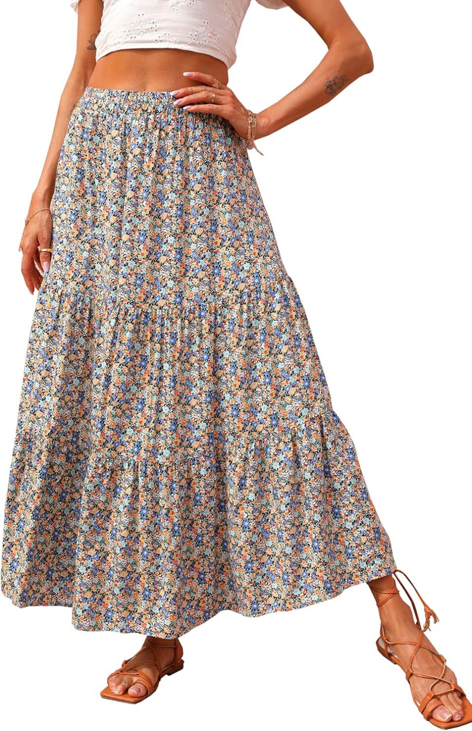 KIRUNDO Women's 2025 Spring Summer High Waist Boho Floral Maxi Skirt Casual Flowy Swing Pleated A Line Beach Long Skirts