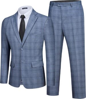 WEEN CHARM Men's 2 Piece Slim Fit Plaid Suit Business Casual Blazer Pants Set for Formal Wedding Prom Office Party