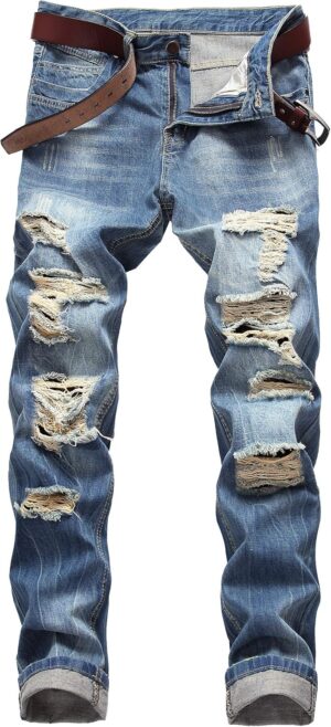 DANT BULUN Men's Ripped Distressed Destroyed Slim Fit Straight Leg Denim Jeans